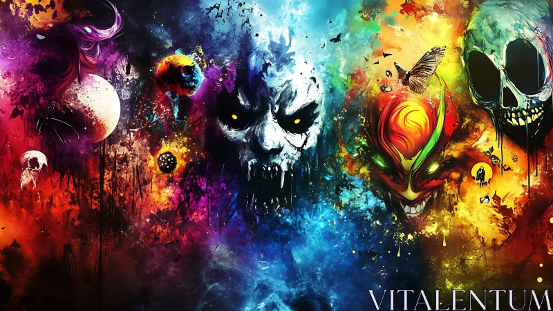 Multicolored skull and mask montage in abstract splatter field.