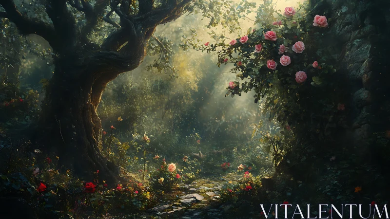 Enchanted Forest Garden: Ancient Tree Canopy with Cascading Pink Roses.