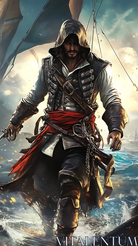 Stormlit rogue strides through shattered sea spray toward battle