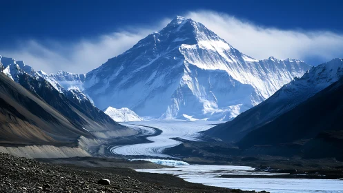 Majestic snowcapped peak rising above a calm glacier valley.