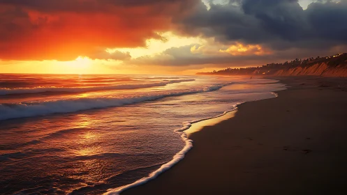 Fiery coastal sunset with reflective surf and dramatic clouds.