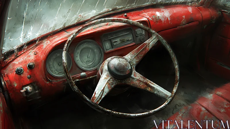 Weathered red car interior with rusted steering wheel.