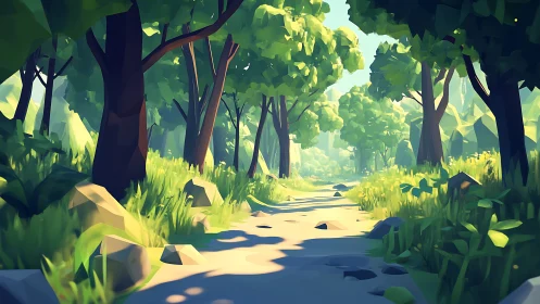 Forest Stream Rendered with Volumetric Lighting and Stylized Vegetation