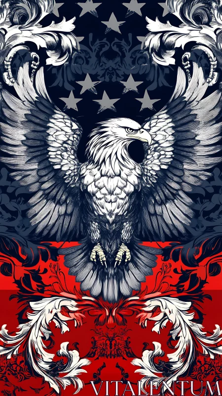 Bald eagle spreads wings over stylized stars and red scrollwork