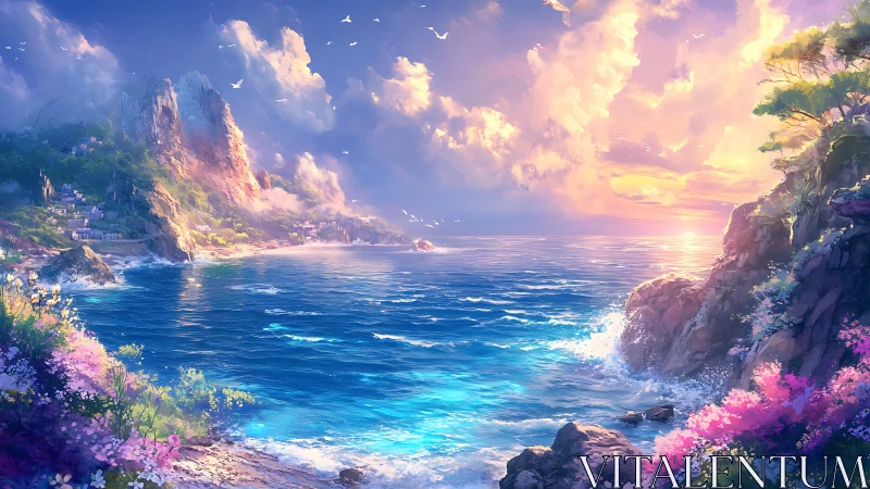 Coastal cliffs and sea under vivid sunset light conditions.