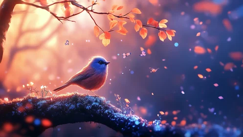 Small bird stands on mossy branch amid drifting foliage