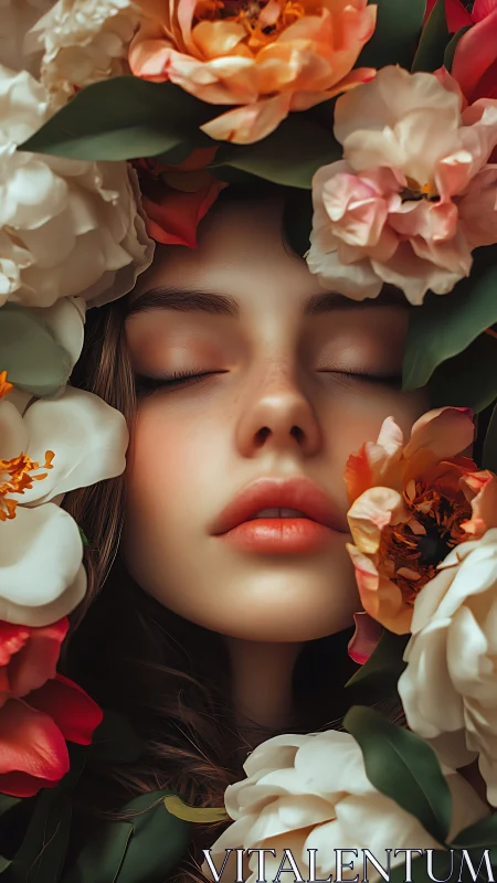 Hyperreal floral portrait isolates serene female face in soft focus