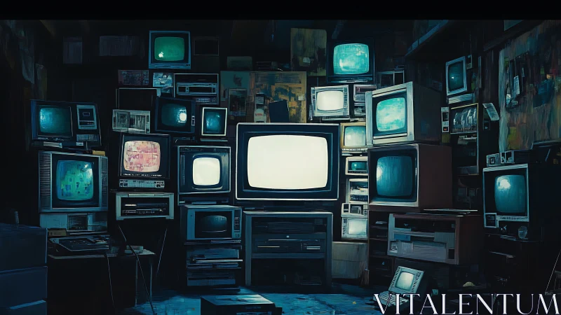 Stacked retro televisions in a dim cluttered room.