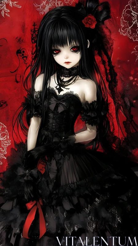 Crimson-eyed gothic doll wrapped in midnight lace dreams.