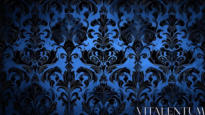 Ornate black damask pattern glows over deep cobalt blue.