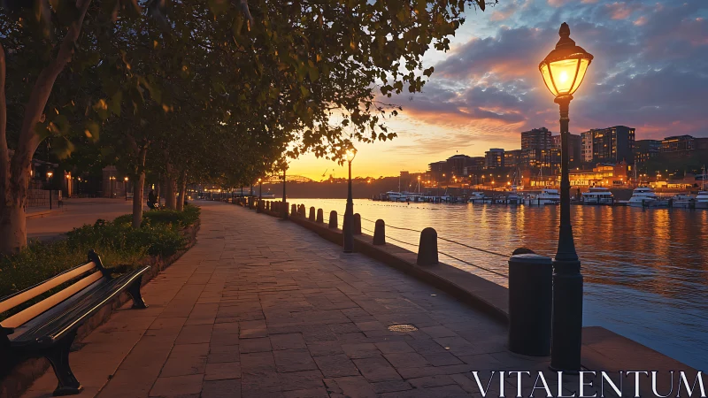 Riverside promenade at dusk with lit lamps and skyline.