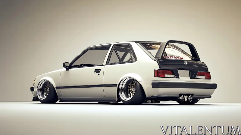 Stanced white hatchback sits low under soft studio light
