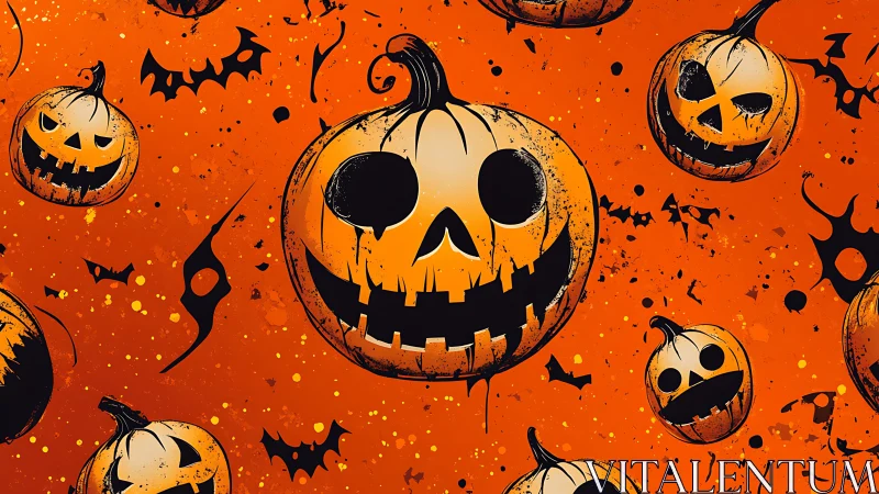 Grinning jack-o&rsquo;-lantern swarm on splattered orange field.