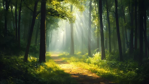 Sunlit Forest Path with Lush Greenery in Serene Morning Light.
