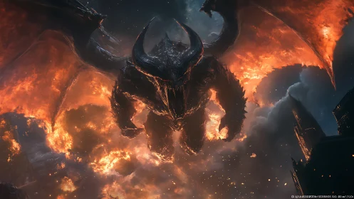 Fiery sky titan soaring above a storm of crumbling ruins.