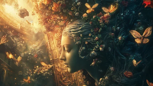 Dreaming garden goddess crowned in butterflies and light.