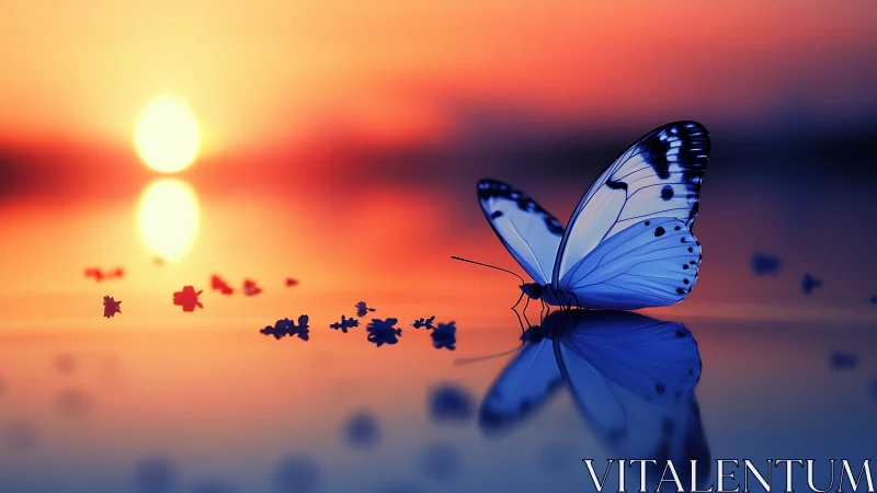 High-saturation macro study of blue butterfly on reflective surface at sunset