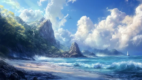 Sunlit waves welcome a peaceful cove beneath bright skies