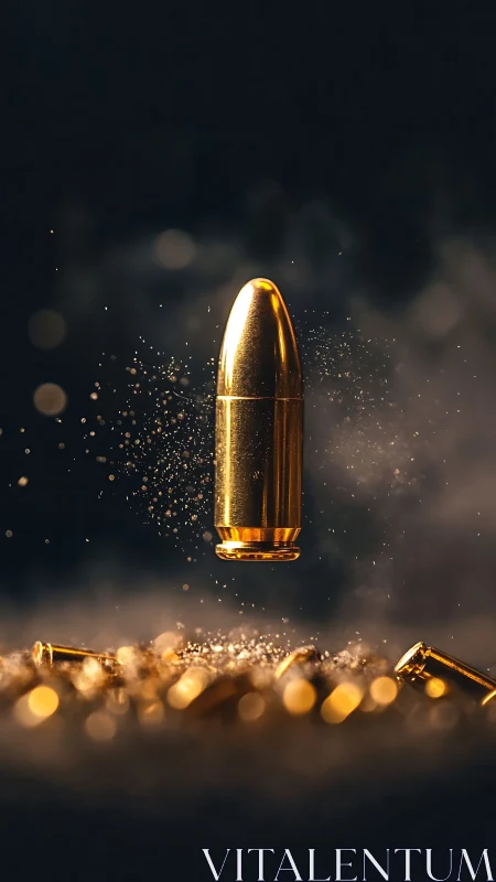 Single brass bullet is suspended above blurred cartridge bed