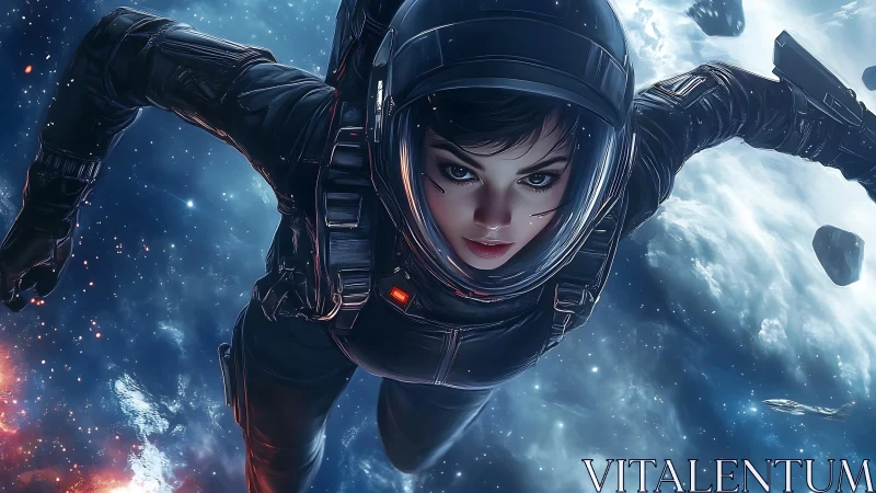 Fearless spacewoman hurtles through starlit asteroid field.