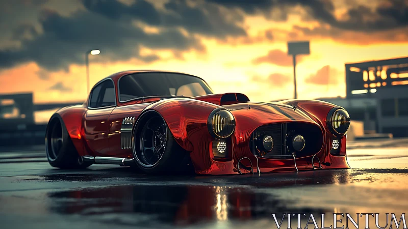 Low-slung red concept coupe under stormy sunset sky.