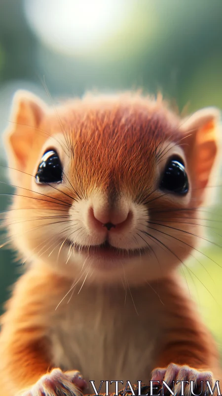 Bright-eyed baby squirrel peeks into the soft green morning.