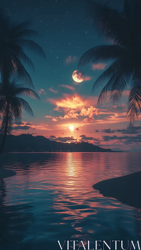 Gentle tropical shoreline glows under dreamy moonlit sunset