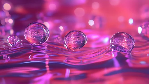 Iridescent liquid spheres drift across neon rippled surface.
