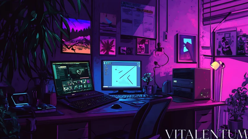 Cozy neon-lit workspace glowing with creative late-night energy.