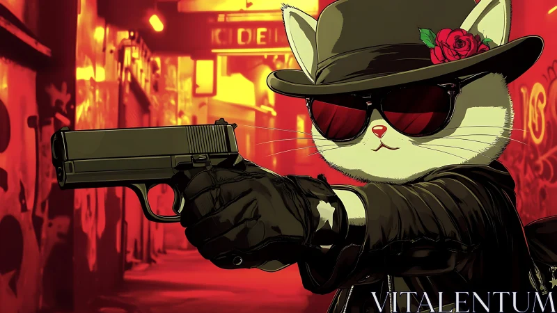 Anthropomorphic gunslinger cat in neon alleyway standoff.