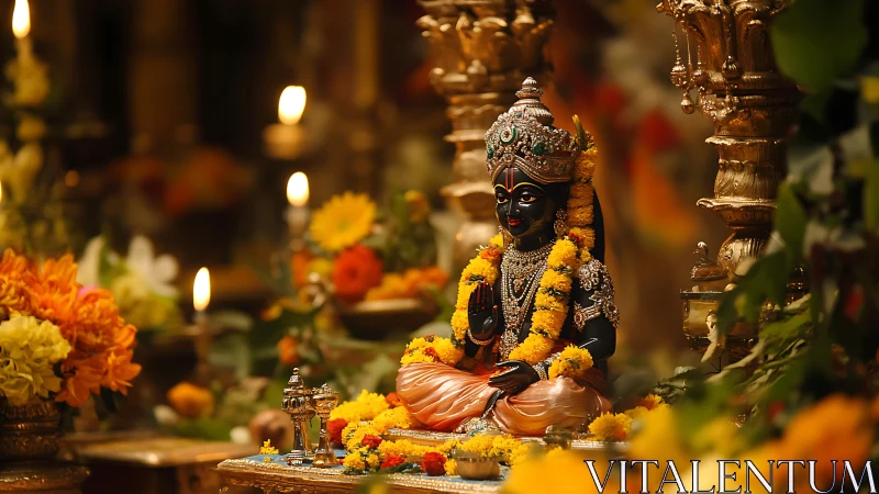 Ornate black deity statue amid golden temple garlands.