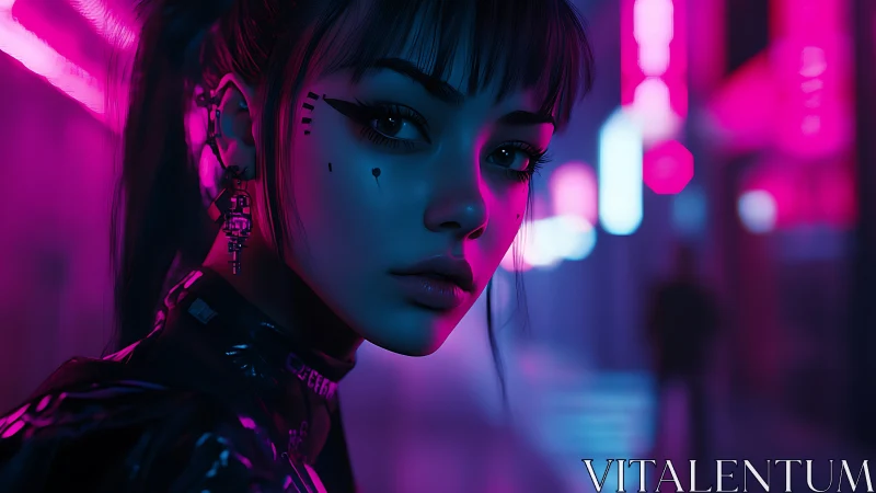 Cyberpunk portrait in neon bokeh corridor with chrome accents.