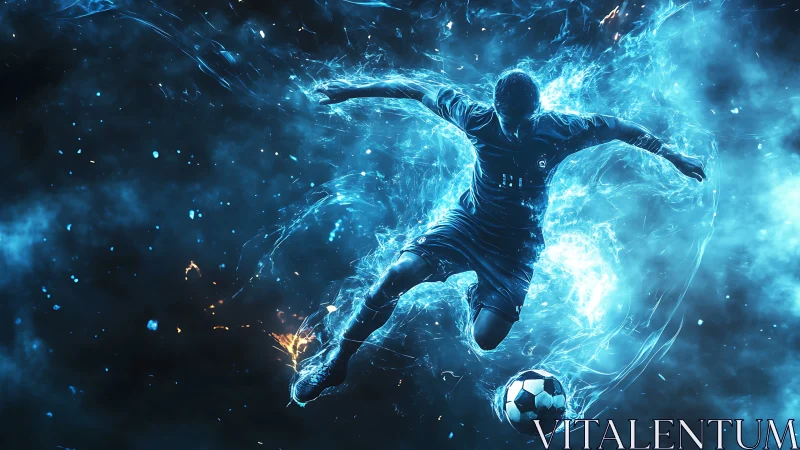 Soccer player strikes ball amid blue energy effects and sparks
