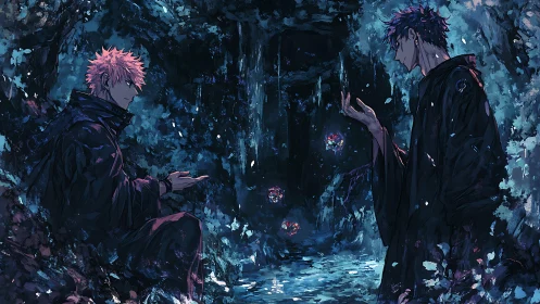 Sorcerers trade secrets in a stormlit cavern of blue fire.