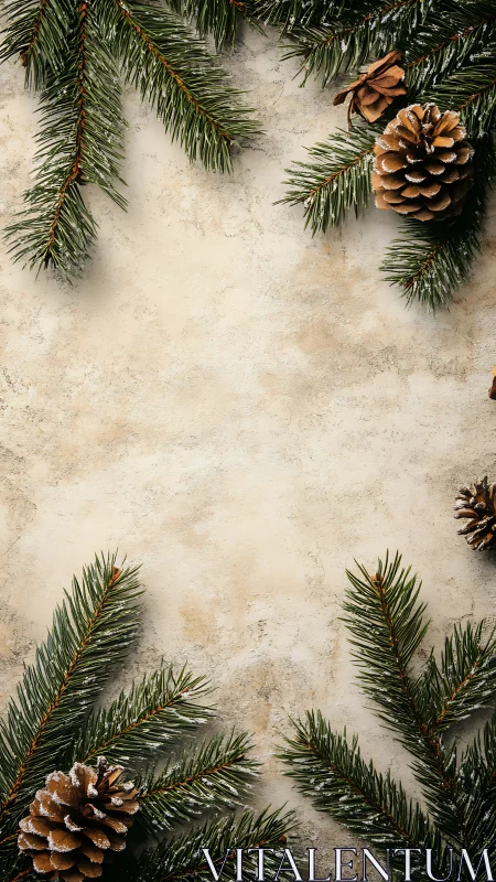 Conifer branch frame with frosted pine cones on plastered wall.