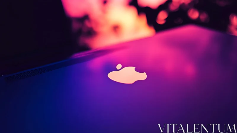 Laptop lid logo under neon pink and blue gradient light.