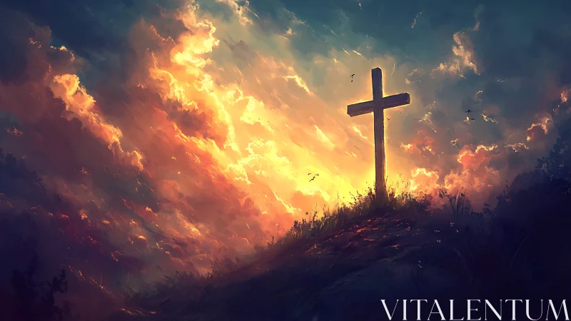 Lonely wooden cross crowns hill against blazing sunset sky