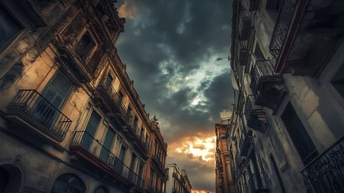 Old urban facades frame a narrow street under dense clouds