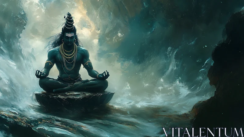 Mythic blue figure in lotus pose amid swirling water.