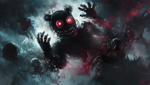 Mechanical bear entity in smoke with red illuminated eyes.