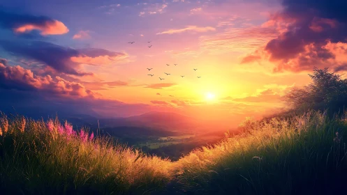 Golden valley sunset glowing over peaceful summer hills.