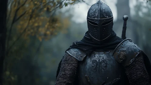 Armored knight stands in misty forest wearing dark plate armor