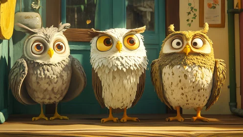 Three Adorable Cartoon Owls Standing in Front of a Cozy House.