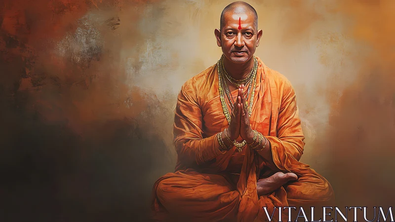 Monastic yogi in symmetrical mudra against textured ochre field.