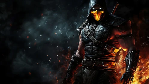 Armored hooded warrior rendered with high-contrast fire lighting