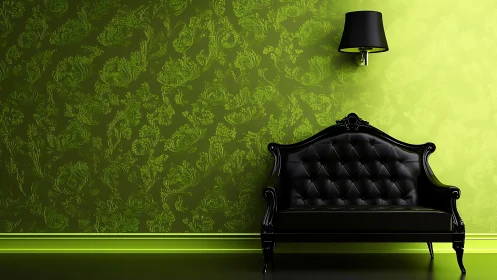 Elegant black sofa rests against vivid lime floral wall