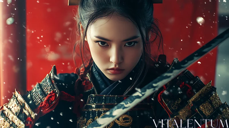 Intense samurai warrior portrait amid drifting snowflakes.