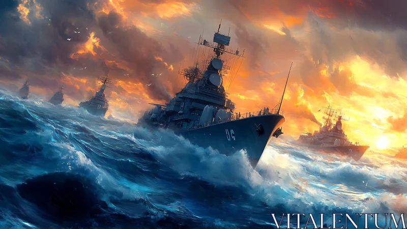 Guided missile cruisers cutting heavy seas at incendiary sunset