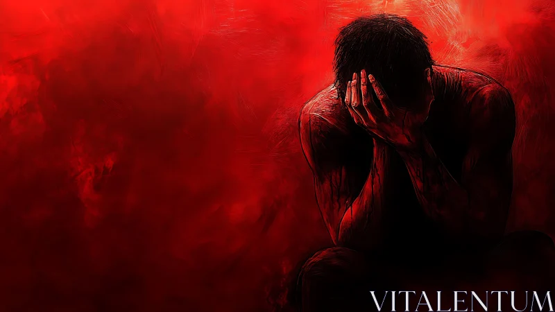 Crimson storm of grief swallowing a lone, broken figure.