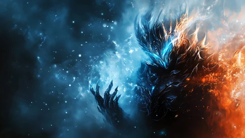 Elemental humanoid figure split by blue ice and orange fire.